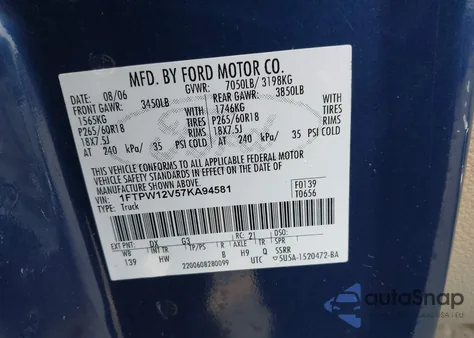 2007 Ford F-150 Lariat/Xlt z USA, uszkodzony, nr VIN 1FTPW12V57KA94581